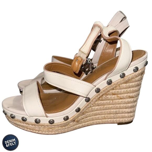 COACH Darcy Chalk Espadrille Wedge Sandals Leather Studded Straps 7.5B - Picture 5 of 16